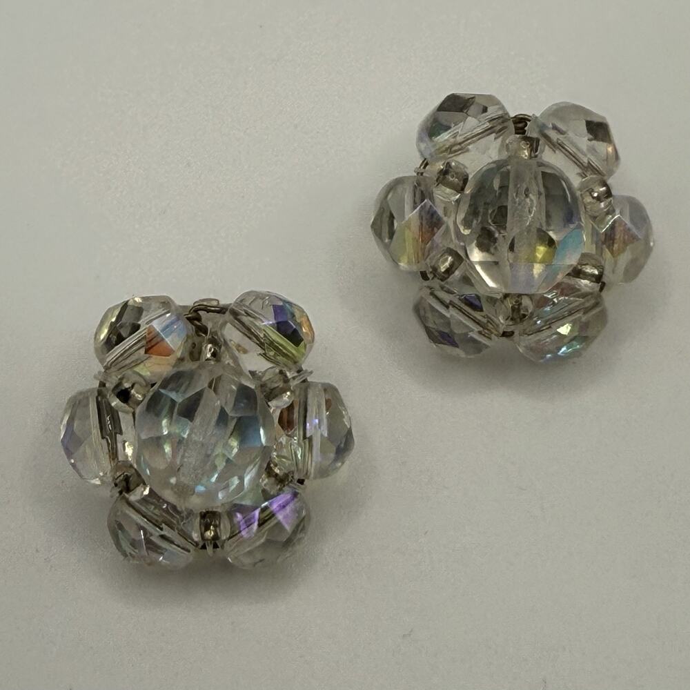 Vintage AB Rhinestone Cluster Earrings Clip On Silver Tone Aurora Borealis‎